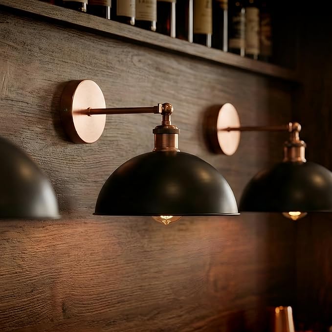Dome Metal Wall Sconce, 180° Adjustable Industrial Wall Lamp for Bedside, Study, Kitchen, and Living Room Décor. (Black_)