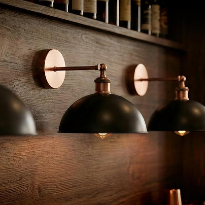 Dome Metal Wall Sconce, 180° Adjustable Industrial Wall Lamp for Bedside, Study, Kitchen, and Living Room Décor. (Black_)