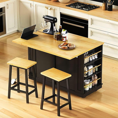 Ball & Cast Kitchen Island with 2 Bar Stools and Power Outlet,Rolling Kitchen Cart on 5 Wheels W/Drop Leaf&5 Open Side Racks,Kitchen Storage Cart W/Adjustable Shelf,for Kitchen,Dining Room,Black,48"