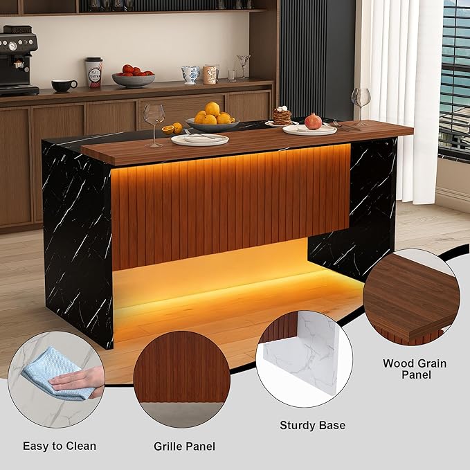 Runboll 63" Large Island Table for Kitchen with Multi-Color LED Lights, Modern Faux Marble Dining Table for 4-6 People, Kitchen Island with Grille Design for Dining Room, Home, Office, Living Room