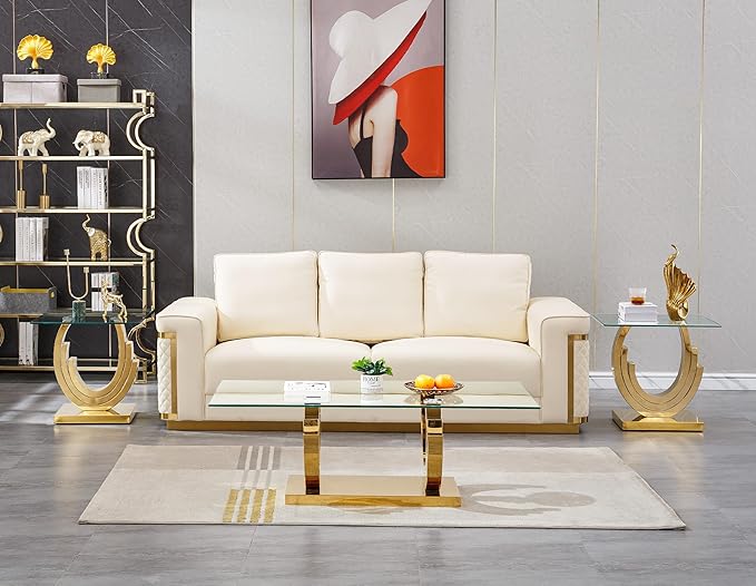 HomVent Glass Coffee Table Set, 2 End Tables Living Room Set of 3, 3 Piece Modern Gold Tempered Glass Top Side Tables Bedroom Set of 3 Rectangle Dinner Center Bedside Sets for Living Room Bedroom