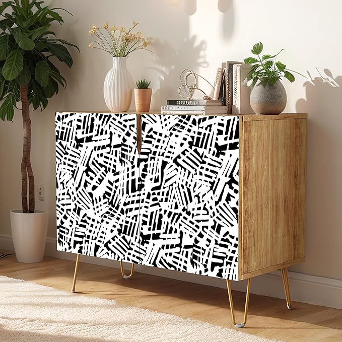 SIGNWIN Sideboard Buffet Cabinet, Kitchen Storage Cabinet with 2 Doors, Black & White Grunge Paint, Cupboard Console Table for Dining Room - 35" L x 18" W x 29" H