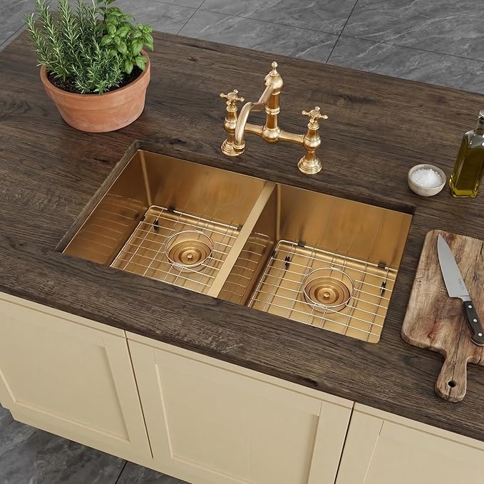 LQS Gold Kitchen Sink 31 Inch, Gold Double Kitchen Sink, Undermount Stainless Steel Sink 16 Gauge Top Grade, R10 Round Corner, X-Shaped Drain Line and Equipped with Roll-Up Dish Rack for Drying
