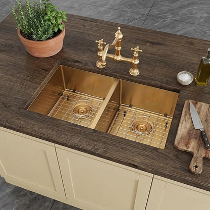 LQS Gold Kitchen Sink 31 Inch, Gold Double Kitchen Sink, Undermount Stainless Steel Sink 16 Gauge Top Grade, R10 Round Corner, X-Shaped Drain Line and Equipped with Roll-Up Dish Rack for Drying