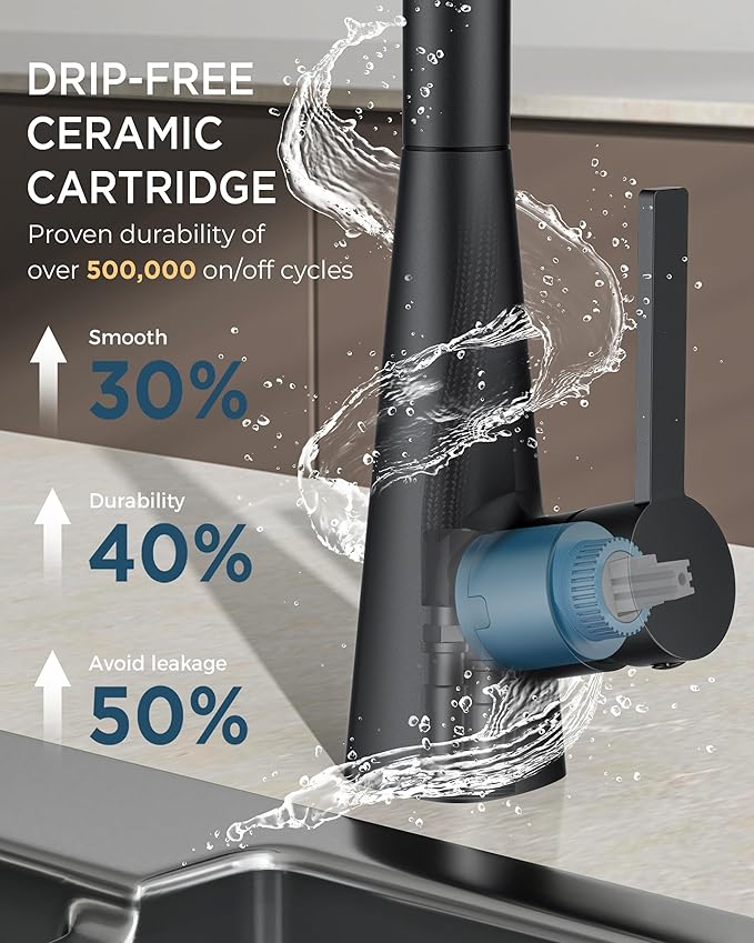 FORIOUS Black Kitchen Faucet with Pull Down Sprayer, Classic High Arc Stainless Steel Faucet for Kitchen Sink, Single Handle for 1 or 3 Hole Decks for RV Bar Farmhouse Laundry Camper