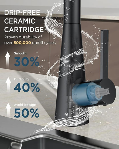 FORIOUS Black Kitchen Faucet with Pull Down Sprayer, Classic High Arc Stainless Steel Faucet for Kitchen Sink, Single Handle for 1 or 3 Hole Decks for RV Bar Farmhouse Laundry Camper