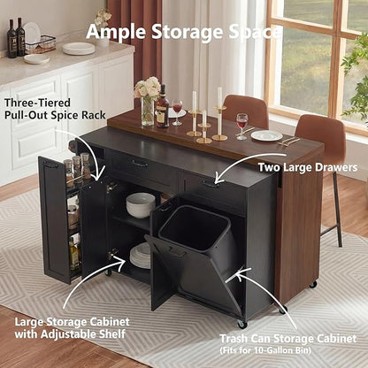 Kitchen Island with Extendable Dining Table Rolling Cart with Trash Storage Cabinet and 3-Tier Pull-Out Spice Rack for Dining Room Practical(Black)