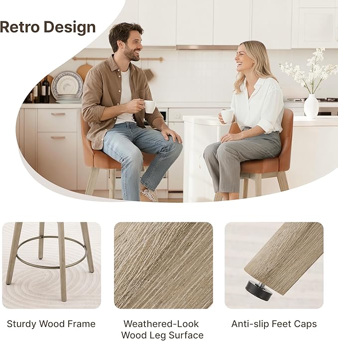 Counter Height Bar Stools Set of 4, Modern Swivel Barstools with Back and Wood Legs, Faux Leather Upholstered Bar Chairs, 26" Seat Height Counter Stools for Kitchen Island,Brown