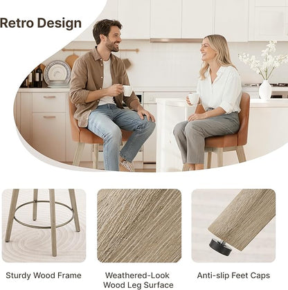 Counter Height Bar Stools Set of 4, Modern Swivel Barstools with Back and Wood Legs, Faux Leather Upholstered Bar Chairs, 26" Seat Height Counter Stools for Kitchen Island,Brown