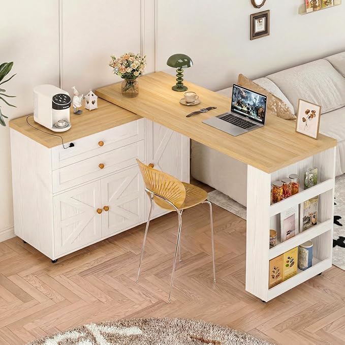 IRONCK Kitchen Island with 360° Swivel Table, 71 inch Rolling Kitchen Island Cart with Storage, Home Bar Table with Spice Rack and Drawers, Mobile Wood Kitchen Island on Wheels, White