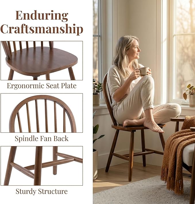 chairus Farmhouse Walnut Dining Chairs Set of 6, Windsor Wooden Dining Room Chairs with Spindle Bow Back, Modern Cottage Armless Side Kitchen Chairs