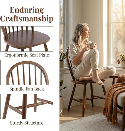 chairus Farmhouse Walnut Dining Chairs Set of 8, Windsor Wooden Dining Room Chairs with Spindle Bow Back, Modern Cottage Armless Side Kitchen Chairs