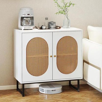 Giantex Rattan Sideboard Buffet Cabinet with Storage, Boho Sideboard with Doors & Adjustable Shelf, Small Accent Buffet Storage Cabinet with Metal Legs for Kitchen, Living Room, Entryway, White