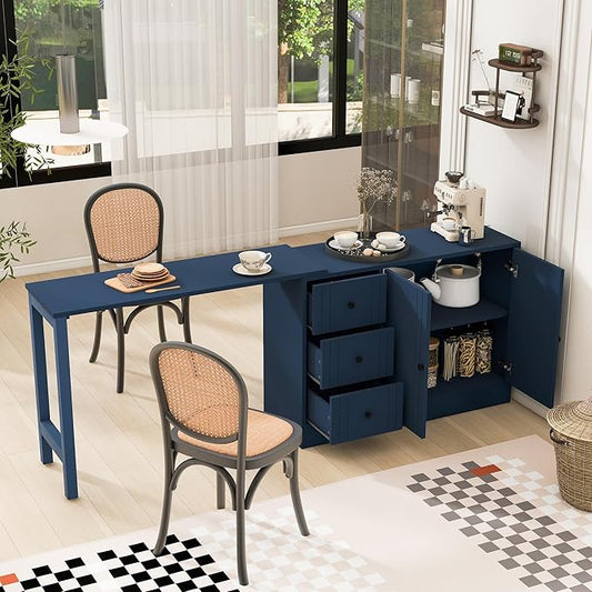 Virubi Kitchen Island with Extendable Table,3 Drawers and Storage Cabinet, Wood Sideboard Buffet Cabinet with Storage, for Living Room, Kitchen,Dining Room (Navy Blue)