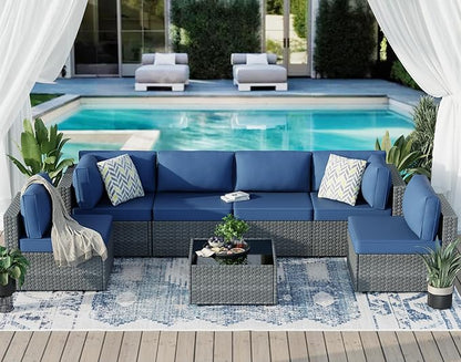 7-Piece Outdoor Patio Furniture Set, Modular PE Rattan Sectional Sofa with Thick Cushions & Glass Coffee Table, Weather-Resistant Wicker Conversation Set for Poolside, Balcony, Garden, Aegean Blue