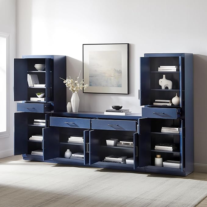 Crosley Furniture Isla 3-Piece Modern Sideboard Buffet Cabinet and Kitchen Storage Pantry Set, Navy