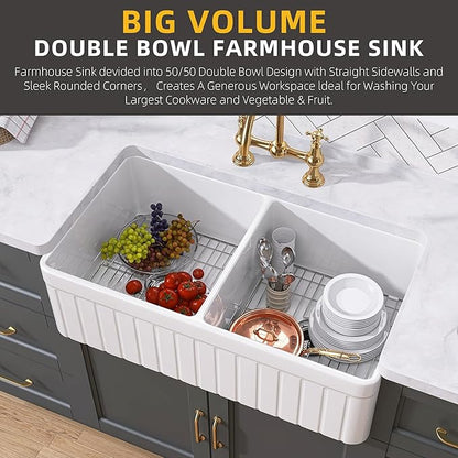 TUKTUK Farmhouse Sink 33 x 18 Inch 50/50 Fireclay Apron Front Farm House White Kitchen Sink Double Bowl Undermount Reversible Heavy Duty Porcelain Kitchen Basin with Modern Accessory Kit