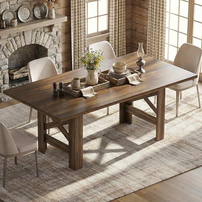 IDEALHOUSE 71" L Farmhouse Dining Table for 6-8, Rectangular Barn Wooden Kitchen Table with a Rock-Strong Thick Base, Triangular Legs, Long Dining Room Table for Office, Kitchen, Apartments, Walnut