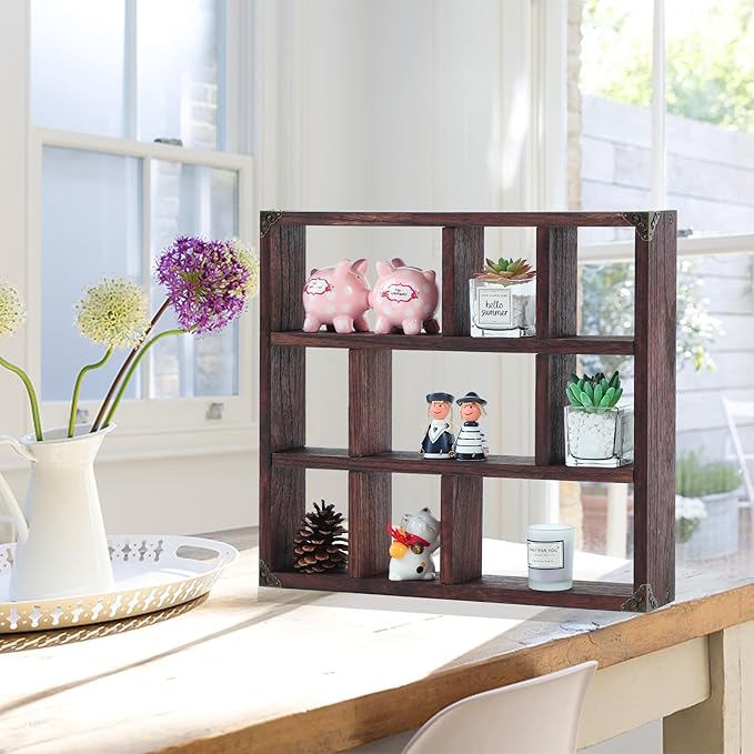 17.7x15.7-Inch Shadow Box Shelf 9-Slot Rustic Floating Shelves Larger Wall Mounted Shelf Lightweight Solid Wood Display Shelf Freestanding Farmhouse(Set of 2,9C-Rustic Walnut)