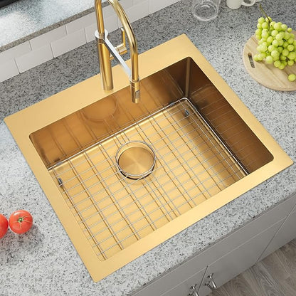 Gold Drop In Kitchen Sink 25” X 22”, 25 Inch Top Mount 16 Guage T-304S Stainless Steel Kitchen Sinks, 10 Inch Deep Single Bowl laundry Sink with Accessories