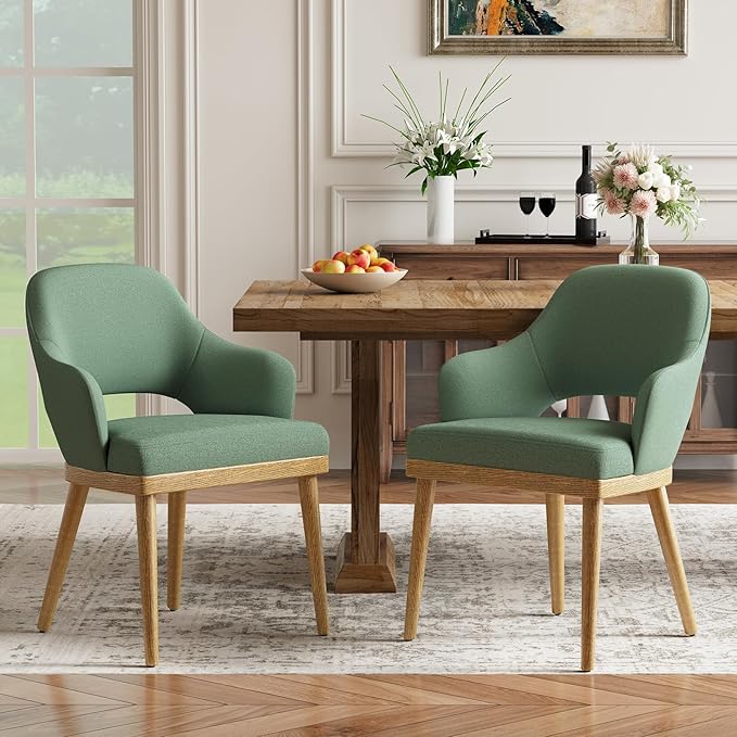 MALOL Wooden Dining Chairs Set of 2, Modern Fabric Upholstered Dining Room Chair, Kitchen Side Chairs, Farmhouse Dinner Chair with Open Back for Kitchen, Green