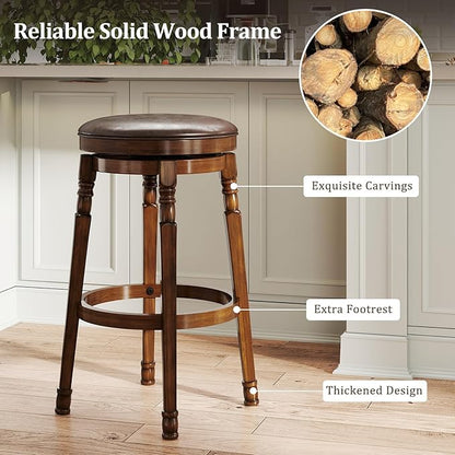 Giantex Swivel Bar Stools Set of 2, 29" Bar Height Bar Stools w/Faux Leather Padded Seat, Footrests, Solid Wooden Frame, Farmhouse Backless Barstools for Kitchen Island, Pub, Dining Room, Cafe