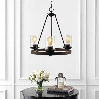 JONATHAN Y 20" Oil Rubbed Bronze 3-Light Rustic Farmhouse LED Chandelier, Round Metal Wagon Wheel Pendant Lighting for Dining Room Kitchen with Seeded Glass Shade JYL7511A