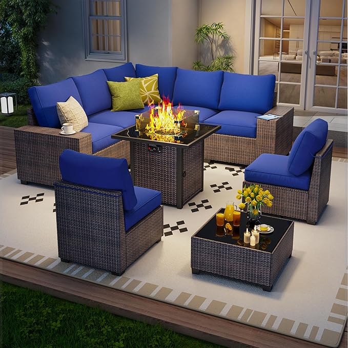 9 Piece Outdoor Patio Furniture Set with 28'' Fire Pit Table, Outdoor Sectional Furniture, Rattan & Wicker Modern Modular Conversation Set Sofa Couch W/Water Resistant Thick Cushions, Brown/Blue
