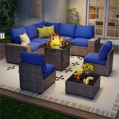 9 Piece Outdoor Patio Furniture Set with 28'' Fire Pit Table, Outdoor Sectional Furniture, Rattan & Wicker Modern Modular Conversation Set Sofa Couch W/Water Resistant Thick Cushions, Brown/Blue