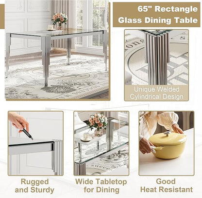 Modern Rectangle Glass Dining Table, 65" Clear Tempered Glass Desktop with Silver Mirrored Stainless Steel Legs, Stylish Elegant for 6 People, for Kitchen, Living Room, Office