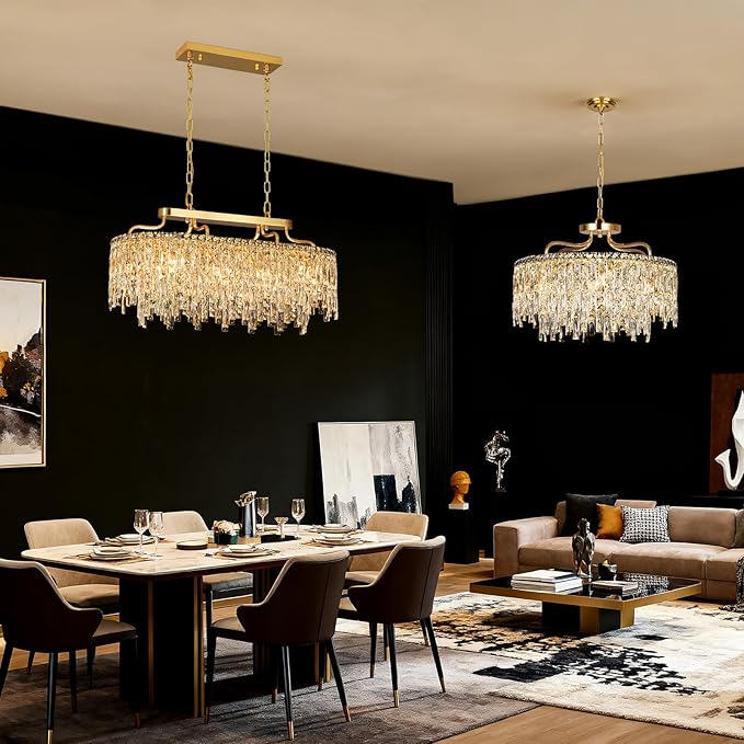 Gold Crystal Chandelier | Modern Luxury Oval-Shaped Chandeliers for Dining Room Light Fixture, 32" 10-Light Crystal Ceiling Lighting Fixture for Dining Room Kitchen Island Bar