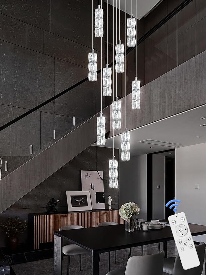 ykolupty Long Staircase Crystal Pendant Chandeliers 10-Lights Silver Column Crystal Chandeliers Foyer Entrance High Ceiling Hanging Chandelier 2700-6000k Dimmable Fixtures LED Big Chandeliers
