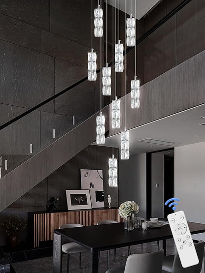 ykolupty Long Staircase Crystal Pendant Chandeliers 10-Lights Silver Column Crystal Chandeliers Foyer Entrance High Ceiling Hanging Chandelier 2700-6000k Dimmable Fixtures LED Big Chandeliers