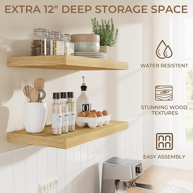 RICHFOCUS Deep Floating Shelves for Wall 2 Pack 12" D 24 Inch Wall Shelves for Room Wall|Wood Hanging Shelf with Invisible Brackets for Bathroom Bedroom Kitchen Laundry Room, Oak