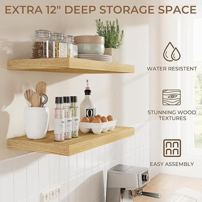 RICHFOCUS Deep Floating Shelves for Wall 2 Pack 12" D 16 Inch Wall Shelves for Room Wall|Wood Hanging Shelf with Invisible Brackets for Bathroom Bedroom Kitchen Laundry Room, Oak