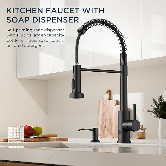 FORIOUS Black Touchless Kitchen Faucet with Soap Dispenser, Motion Sensor Activated Smart Sink Faucet with Pull Down Sprayer Single Handle Hands Free Contemporary for Bar & Prep Sinks, Camper RV