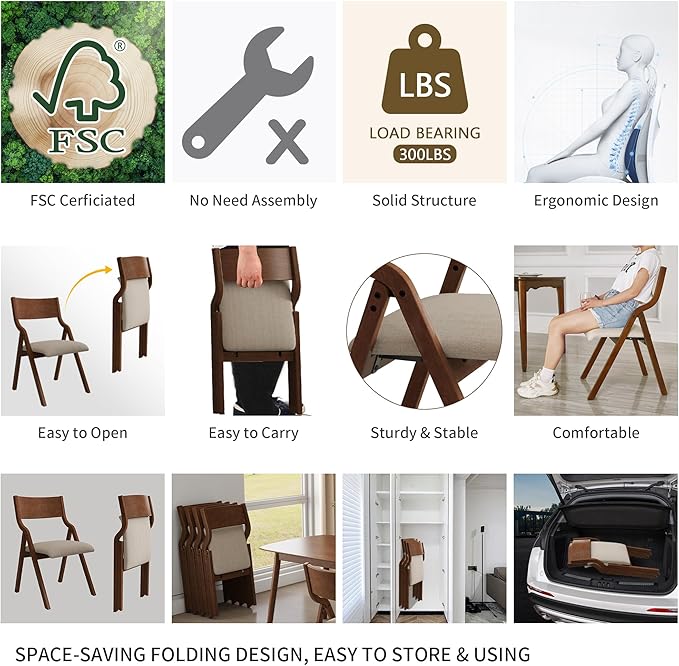 Ball & Cast Padded Folding Chairs 2 Pack,Solid Wood Frame,18" Seat Height,Space Saving,Easy to CarrySuitable for Dining Room, Bedroom and Outdoor