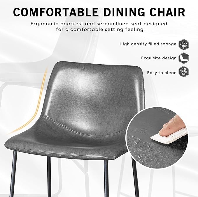 LEMBERI Faux Leather Dining Chairs Set of 2, 18 Inch Modern Kitchen Dining Room Chairs with Backrest and Metal Legs, Comfortable Upholstered Seat, Grey