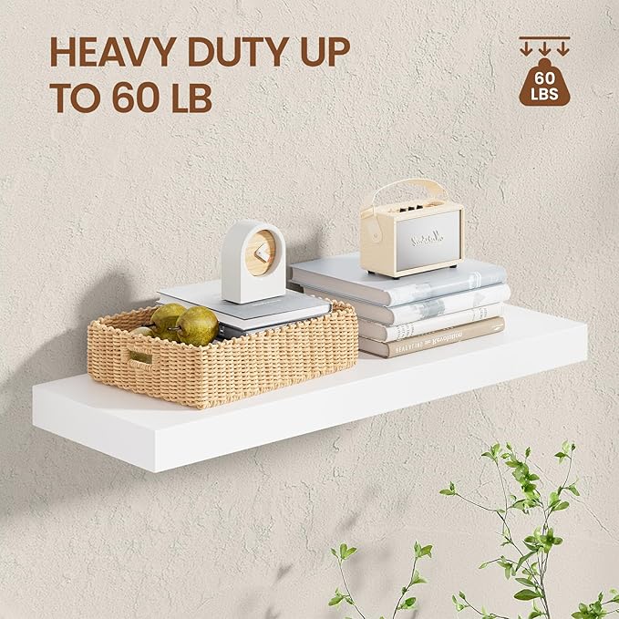 Heimlove Wooden Floating Shelves for Wall, White Pine Shelves Set of 2, 24 in Rustic Wood 8 Inch Deep Floating Shelf with Invisible Brackets for Bedroom Kitchen Living Room - Classic White