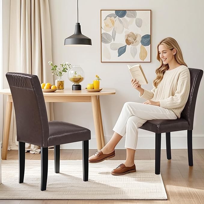 VECELO Dining Chairs Set of 4, Upholstered PU Leather Wood Legs High Back for Kitchen Living Room, Coffee