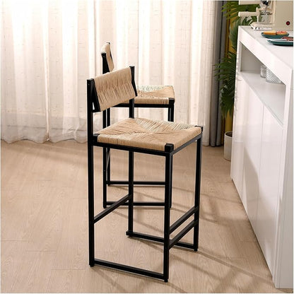 Creamy White，Honey，Gray Paper Rope Woven Stools Set of 2 Hand Weave Counter Chairs with Footrest for Kitchen Island, Dining Room