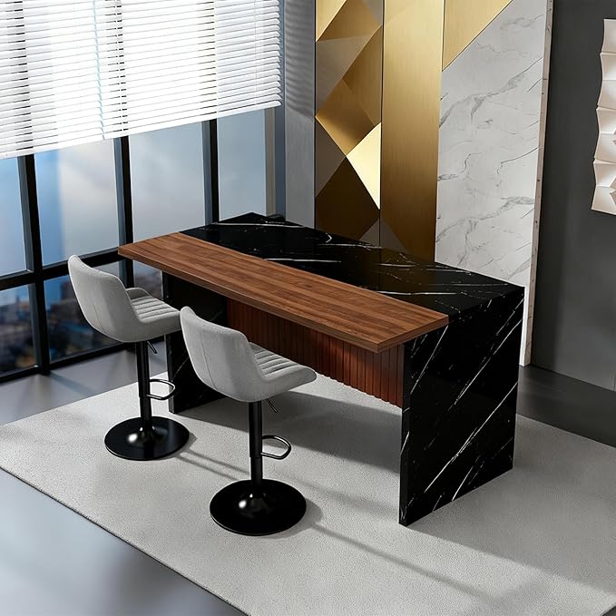 Runboll 63" Large Island Table for Kitchen with Multi-Color LED Lights, Modern Faux Marble Dining Table for 4-6 People, Kitchen Island with Grille Design for Dining Room, Home, Office, Living Room