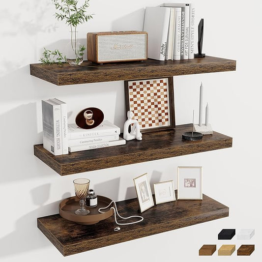 Fun Memories Deep Floating Shelves, 32W x 12D Rustic Brown Wall Shelves, 32 Long Rustic Wood Wide Storage Shelves for Bedroom, Kitchen, Farmhouse, Laundry Room, Bedroom, Kitchen, Home Office- Set of 3