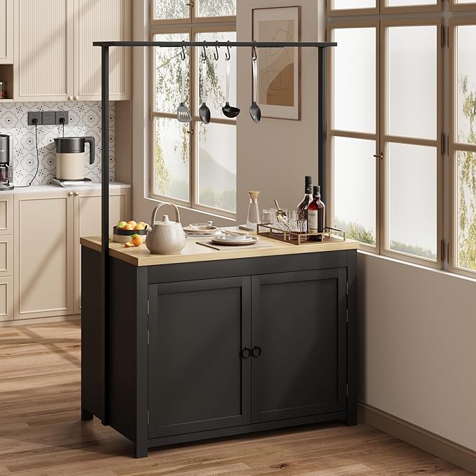 GarveeHome Kitchen Island with Storage 42 in - Heavy Duty Kitchen Cart, Mobile Kitchen Island with 2-Tier Shelves & 5 Hooks, Solid Wood Countertop for Small Spaces (Black & Natural)