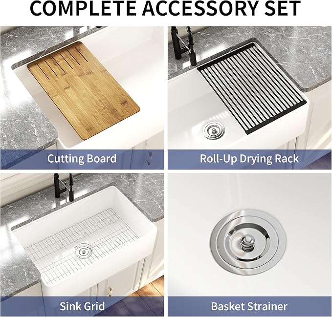 DeerValley White Farmhouse Sink Workstation 33 Inch Fireclay Apron Front Farm Sinks Single Bowl Heavy Duty Deep Drop-in Undermount Sink with Workstation Accessories