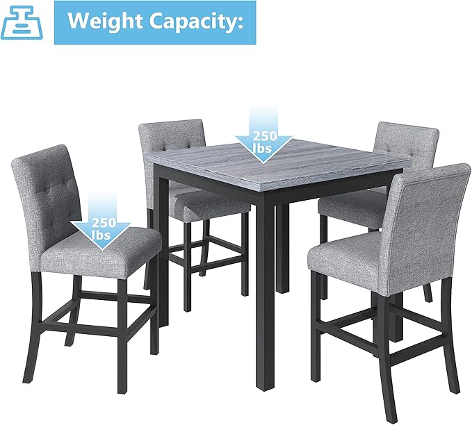 5-Piece Counter Height Dining Set with Wood Square Table and Chairs Stools,Rectangular Tabletop W/Footrest & 4 Upholstered High-Back Chair,for Living Room,Cafe,(Black)