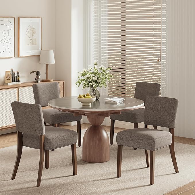 COLAMY Mid Century Modern Dining Chairs Set of 4, Upholstered Kitchen Chairs with Back, Farmhouse Fabric Side Dining Room Chairs with Wood Legs for Dining Room Kitchen Restaurant, Brown