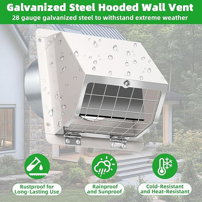 3 Inch Dryer Vent Cover Outside,Metal Exterior Vent Cover with Screen and Damper,Outdoor Dryer Vent Hood Outlet Exhaust Vent Cover Air Wall Vent Cover for House Laundry Dryer Range Hood AC-White