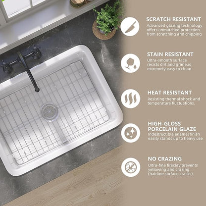 GETPRO White Undermount Kitchen Sink 32 inch Fireclay Farm Sink Drop in 32X19 Dual Mount Farmhouse Single Bowl Topmount Deep Basin with Accessory Easy to Clean for Bar, Kitchen, Laundry