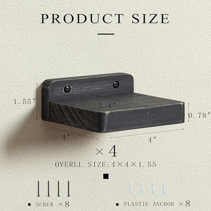 Freezing point Small Floating Shelf for Wall Set of 4 Natural Wood 4Inch Mini Wall Shelves Decor Plant Display Collectibles Mounted Kitchen Bathroom Bedroom Corner Decorative Storage Tiny Stand Black